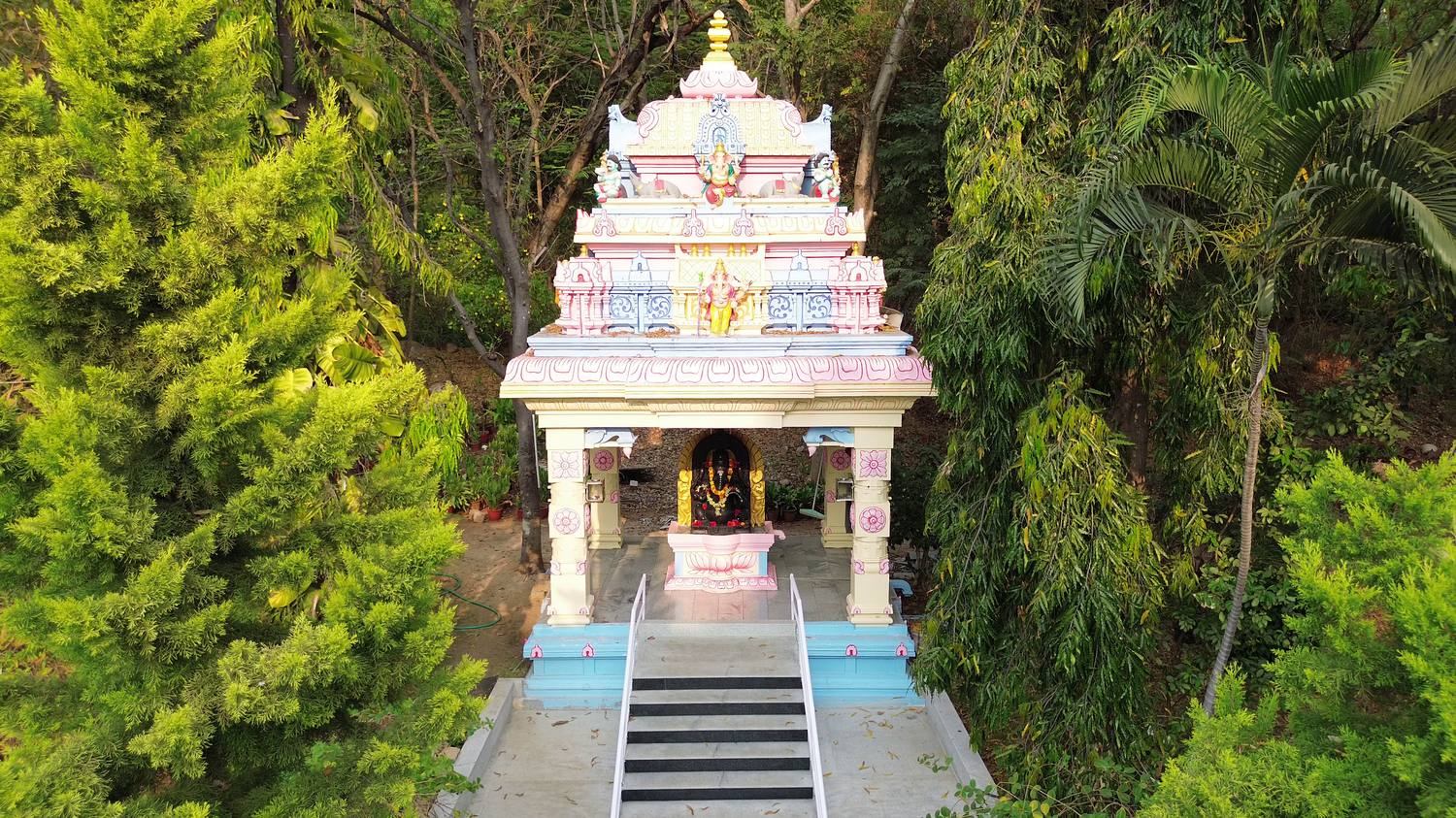 A rose-and-white Ganesha shrine framed by cypress and rain trees